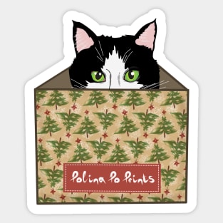 Christmas gift with cat in a box. Funny cat. Christmas print. Sticker